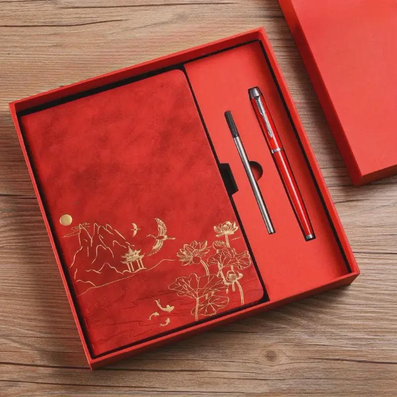 Chinese Landscape Faux Leather Notebook & Pen Set