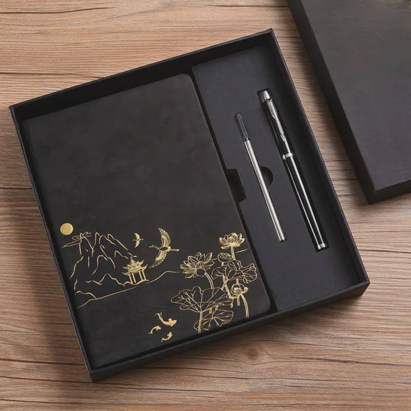 Chinese Landscape Faux Leather Notebook & Pen Set