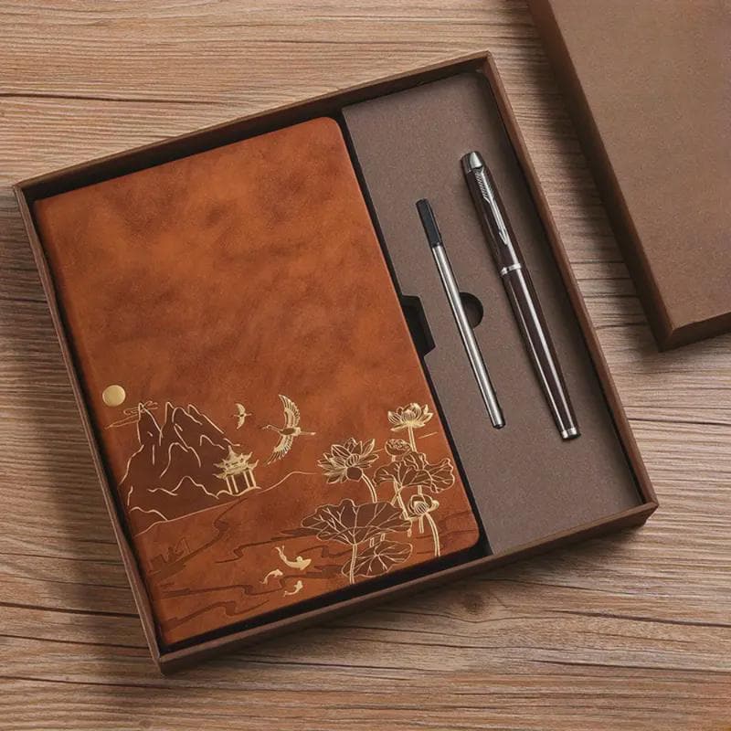 Chinese Landscape Faux Leather Notebook & Pen Set