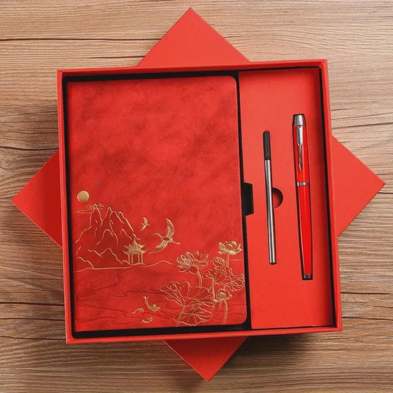 Chinese Landscape Faux Leather Notebook & Pen Set