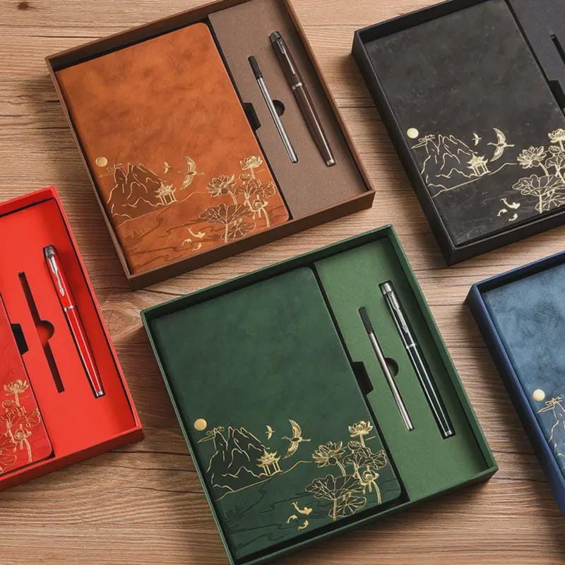 Chinese Landscape Faux Leather Notebook & Pen Set